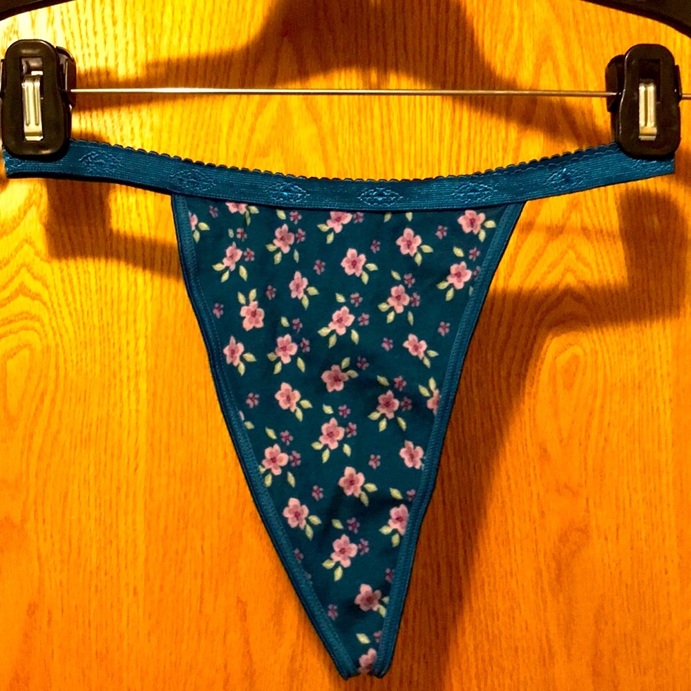 Rare New vintage 90s Delicates L 7 cotton teal floral high cut thong panties